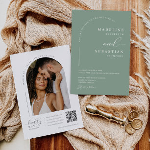 Invitation Sage Vert moderne minimaliste Arc Photo QR Code In