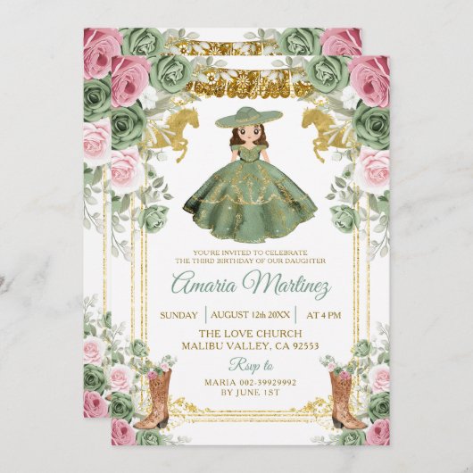 Invitation Sage Vert rose Fleurs mignonnes Fille 3e anniversa (Devant / Derrière)