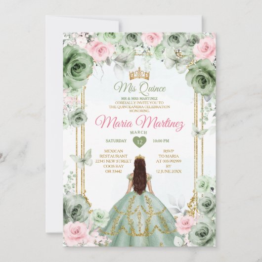 Invitation Sage Vert & Rose Floral Mis Quince 16e anniversair (Devant)