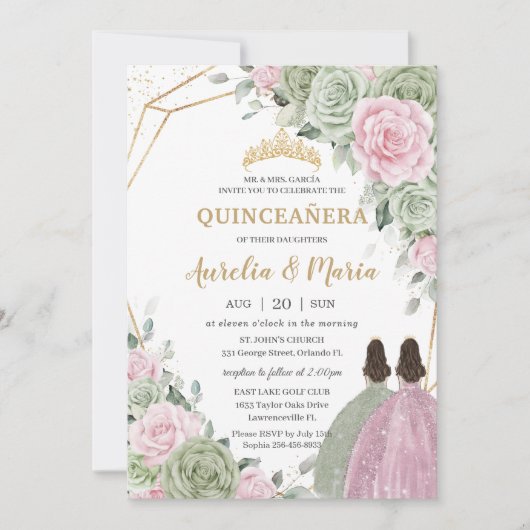 Invitation Sage Vert rose Floral Or Quinceañera Twins (Devant)