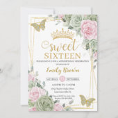 Invitation Sage Vert rose Floral Papillons Or Sweet 16 (Devant)