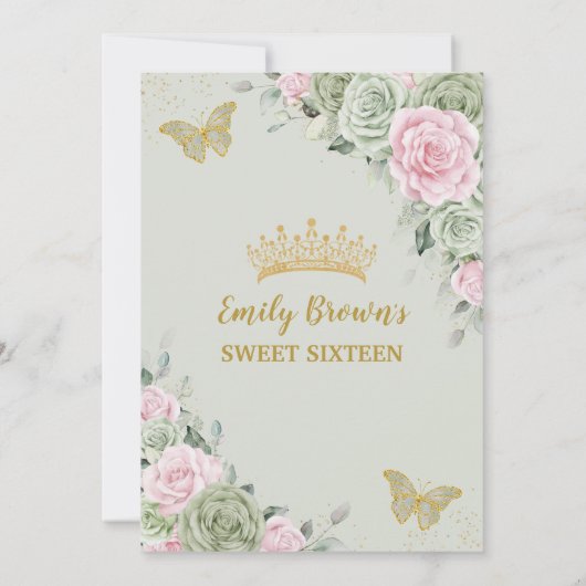 Invitation Sage Vert rose Floral Papillons Or Sweet 16 (Dos)