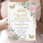 Invitation Sage Vert rose Floral Papillons Or Sweet 16<br><div class="desc">Cette invitation chic Sweet 16 Birthday présente un cadre géométrique en parties scintillant argentée orné d'une délicate aquarelle vert sauge, rose pâle, vert sauge doux et papillons sauge et or. Personnalisez-le avec vos détails facilement et rapidement, appuyez simplement sur le bouton customiser pour réorganiser et formater le style et le...</div>