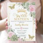 Invitation Sage Vert rose Floral Papillons Or Sweet 16