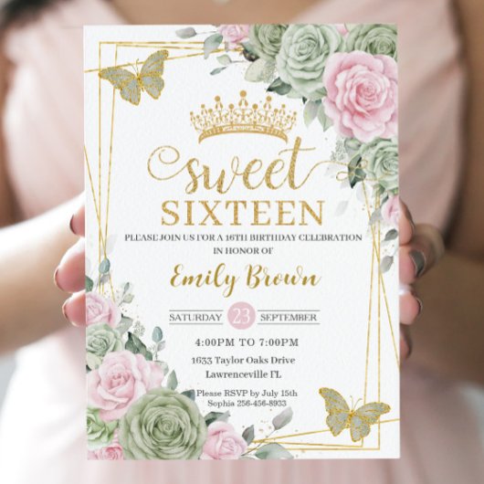 Invitation Sage Vert rose Floral Papillons Or Sweet 16