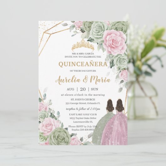 Invitation Sage Vert rose Floral Quinceañera Twins Papillon (Debout devant)
