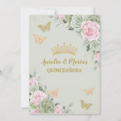 Invitation Sage Vert rose Floral Quinceañera Twins Papillon (Dos)