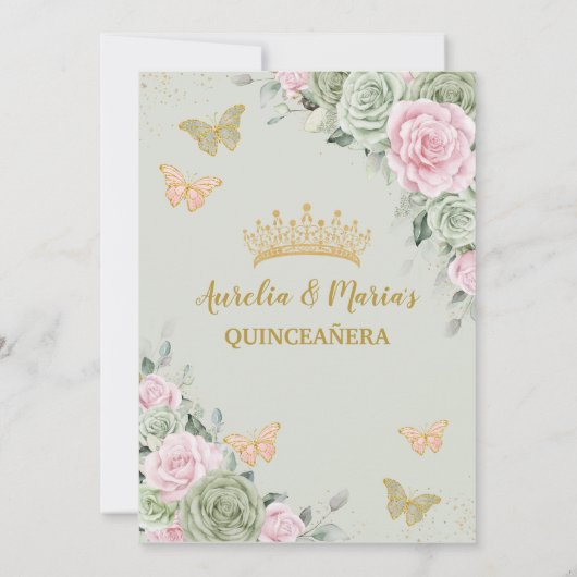 Invitation Sage Vert rose Floral Quinceañera Twins Papillon (Dos)