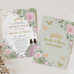 Invitation Sage Vert rose Floral Quinceañera Twins Papillon
