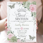 Invitation Sage Vert rose papillons floraux Silver Sweet 16<br><div class="desc">Cette invitation chic Sweet 16 Birthday présente un cadre géométrique en parties scintillant argentée orné d'une délicate aquarelle vert sauge, rose pâle, vert sauge doux et papillons sauge et argent. Personnalisez-le avec vos détails facilement et rapidement, appuyez simplement sur le bouton customiser pour réorganiser et formater le style et le...</div>
