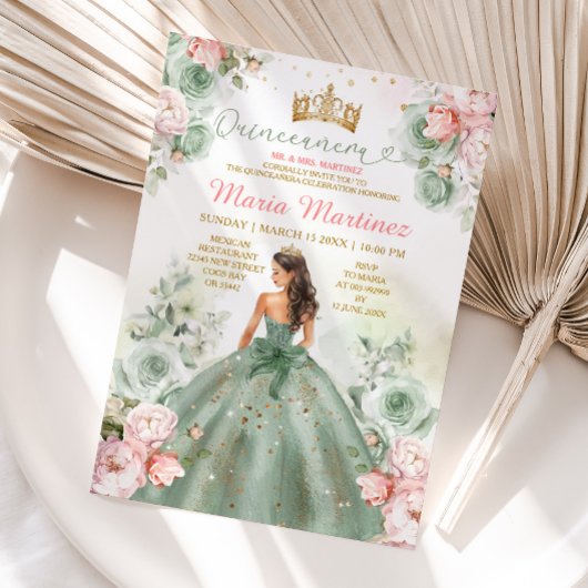 Invitation Sage Vert Rose Pêche Princesse Florale Quinceañera