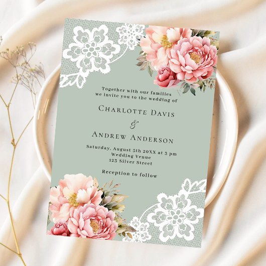 Invitation Sage vert rose rose floraux dentelle mariage de lu