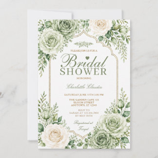 Invitation Sage Vert Roses Blanches Élégant Bridal Shower Boh