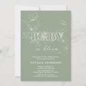 Invitation Sage Vert Script Fleur Papillons Bébé En Fleur (Devant)