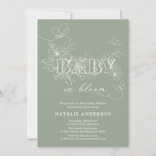 Invitation Sage Vert Script Fleur Papillons Bébé En Fleur (Devant)