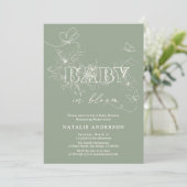 Invitation Sage Vert Script Fleur Papillons Bébé En Fleur (Debout devant)