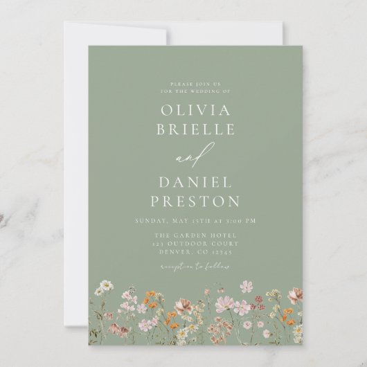 Invitation Sage vert tout en un Fleur sauvage Mariage de code (Devant)