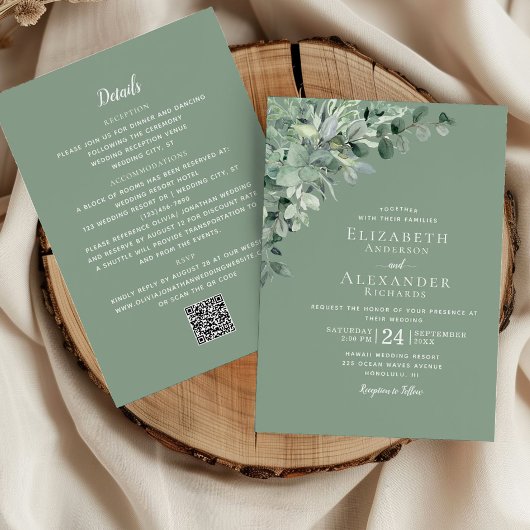 Invitation Sage vert tout en un Mariage de code QR Eucalyptus