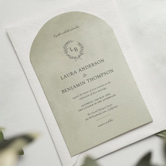 Invitation Sage Vert Velvet Texture minimaliste Arc Mariage