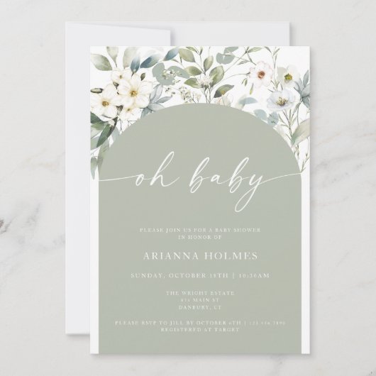 Invitation Sage Vert verdure Bonjour Baby shower (Devant)