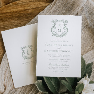 Invitation Sage Vert Vintage Baroque Monogram Crest Mariage
