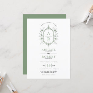 Invitation Sage vert vintage crête florale initiales mariage