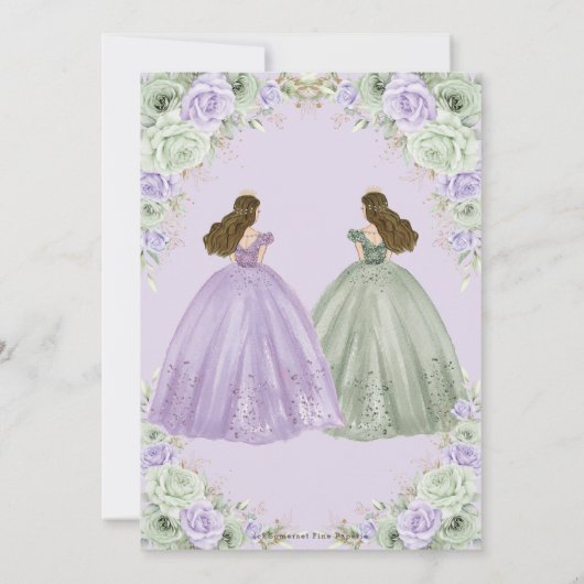 Invitation Sage Vert Violet Floral Twin Girls Quinceañera (Dos)
