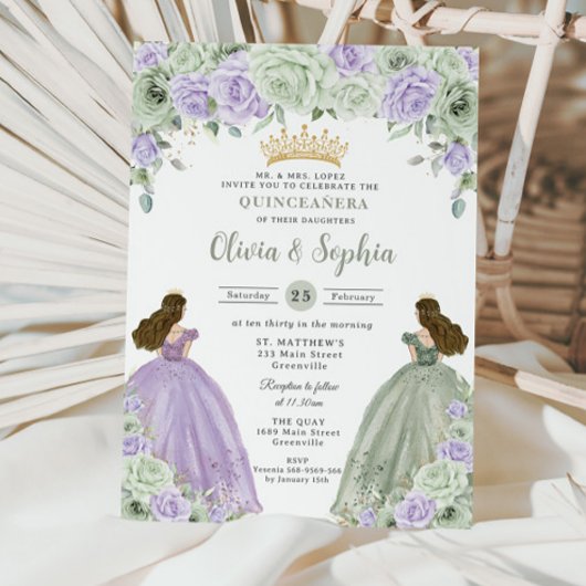 Invitation Sage Vert Violet Floral Twin Girls Quinceañera