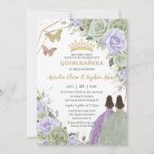 Invitation Sage Vert Violet Lavande Florale Twin Quinceañera (Devant)
