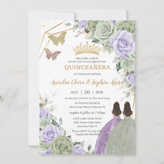 Invitation Sage Vert Violet Lavande Florale Twin Quinceañera (Devant)