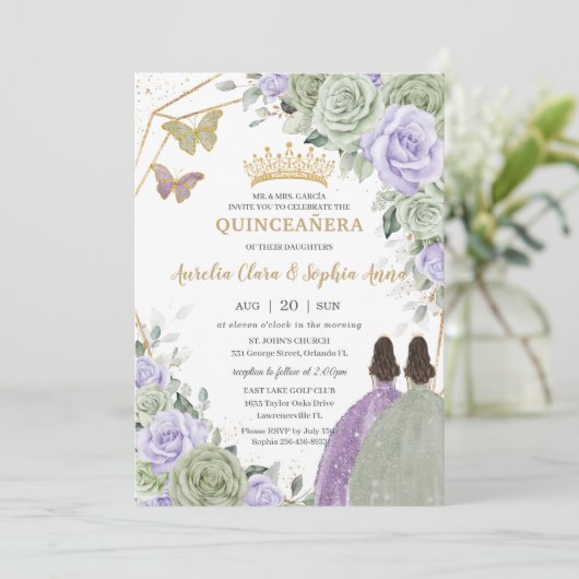 Invitation Sage Vert Violet Lavande Florale Twin Quinceañera (Debout devant)