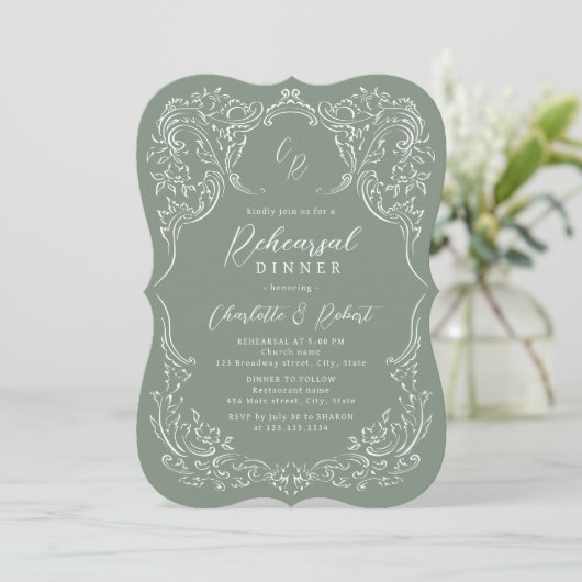 Invitation Sage Vintage Flourissant Monogramme Dîner de répét (Debout devant)