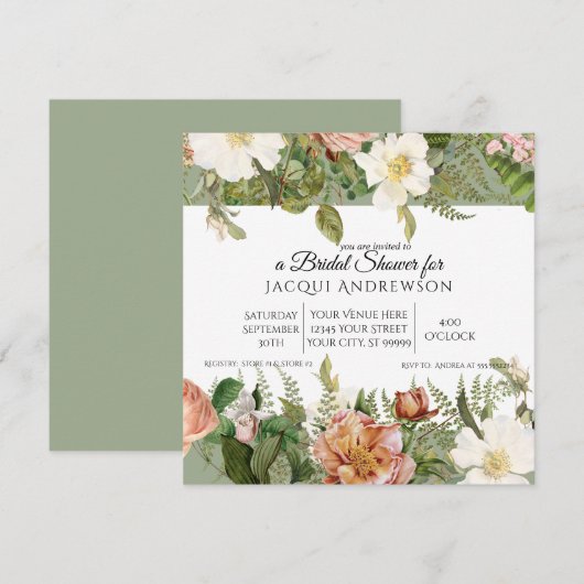 Invitation Sage w Blush Pink Ivory Rose Fête de l'mariée flor (Devant / Derrière)