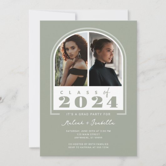 Invitation Sage White Arch Retro 2024 Photo Graduation Party (Devant)