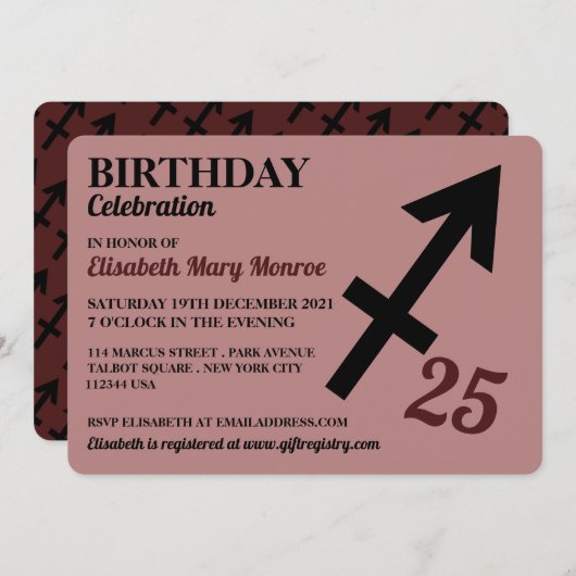 Invitation Sagittarius, L'Archer, Zodiac Star Sign Anniversai (Devant / Derrière)