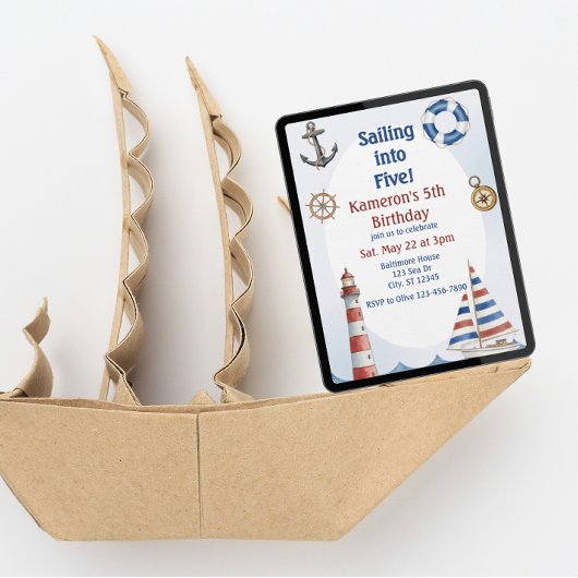 Invitation Sailing into Five, Watercolor 5th Birthday