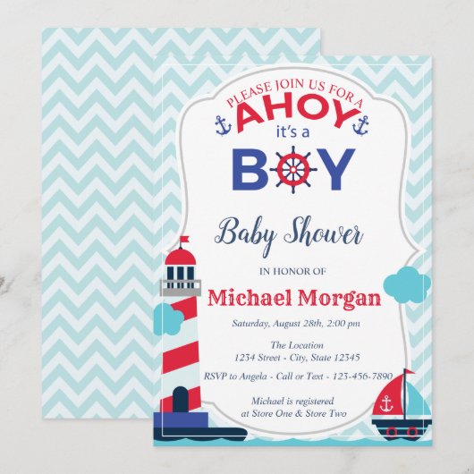 Invitation Sailor, Ahoy C'est un Baby shower GARÇON (Devant / Derrière)