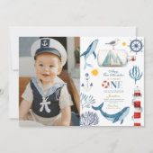 Invitation Sailor Aquarelle Baleine Mer 1er Anniversaire (Devant)