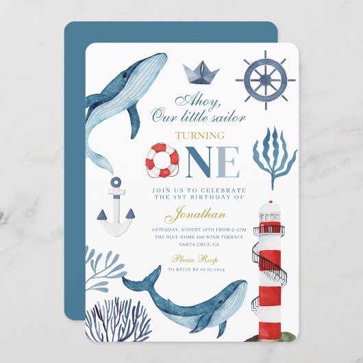 Invitation Sailor Aquarelle Baleine Mer 1er Anniversaire