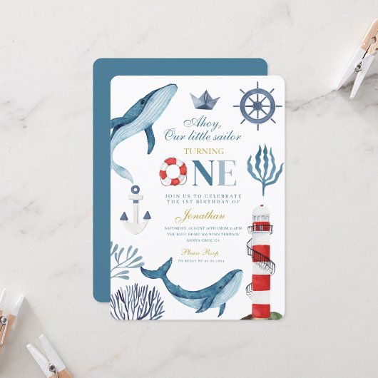 Invitation Sailor Aquarelle Baleine Mer 1er Anniversaire