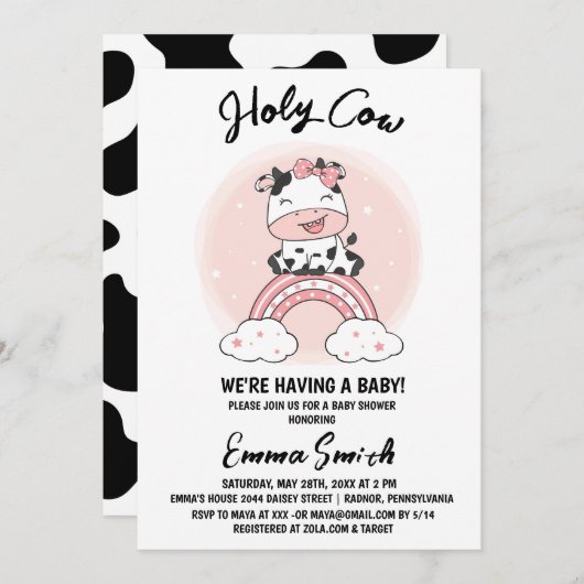 Invitation Saint Baby shower de la fille de vache (Devant / Derrière)