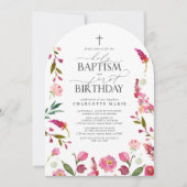 Invitation Saint Baptême & 1er Anniversaire Rose Floral Aquar (Devant)