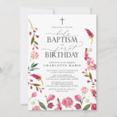 Invitation Saint Baptême & 1er Anniversaire Rose Floral Aquar (Devant)