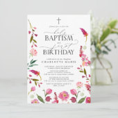 Invitation Saint Baptême & 1er Anniversaire Rose Floral Aquar (Debout devant)