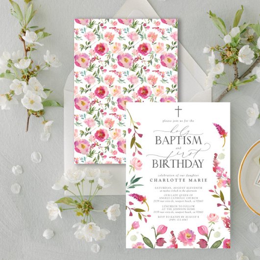 Invitation Saint Baptême & 1er Anniversaire Rose Floral Aquar