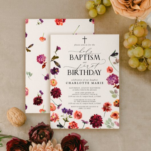 Invitation Saint Baptême et 1er Anniversaire Floral