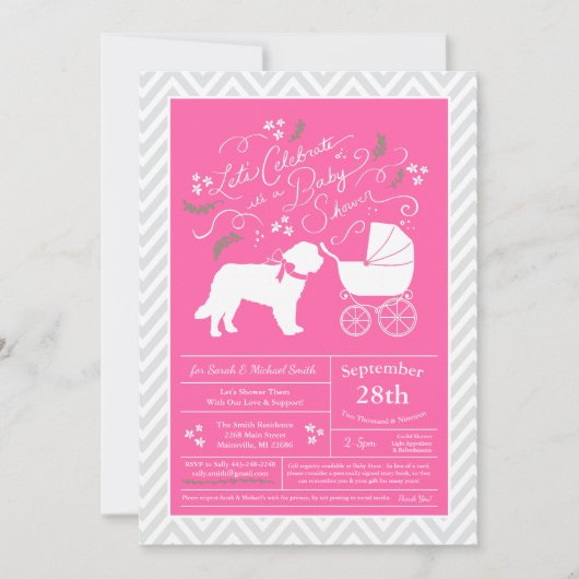 Invitation Saint Bernard Chien Baby shower fille rose (Devant)