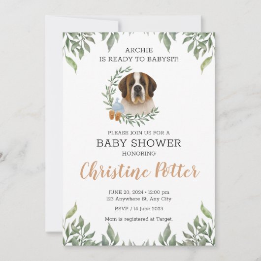 Invitation Saint Bernard Chien Vert Boho Baby shower Boho (Devant)