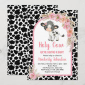 Invitation Saint Cow boho baby shower rose ferme fille floral (Devant / Derrière)