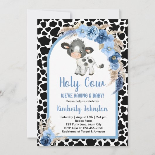 Invitation Saint Cow garçon baby shower bleu boho ferme invit (Devant)